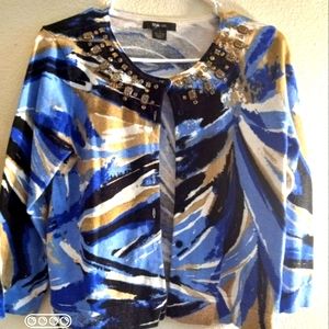 Blue Black and White  Button Down Sweater with Jewels at Collar